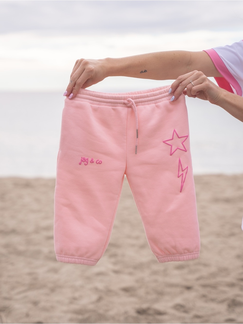 Pink Kids Sweatpants with Star & Lightning Puff Ink